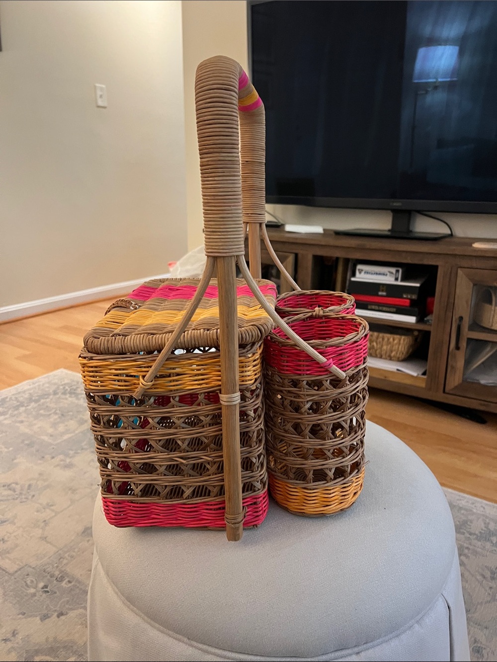 Anthropologie Multi-Color Rattan Picnic Basket - Natural Brown, Pink & Yellow